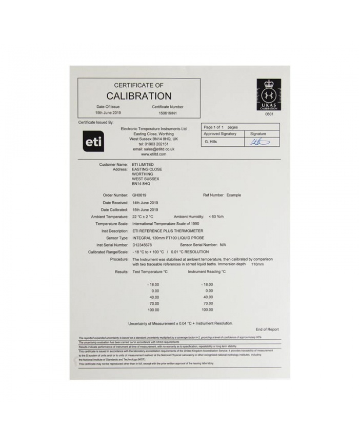 UKAS 3 Point - Internal Sensor Logger Certificate (-18, 0, +40°C)