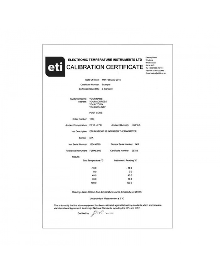 5 point Traceable IR Certificate - Instrument Only (-18, 0, +40, +70, +100°C)