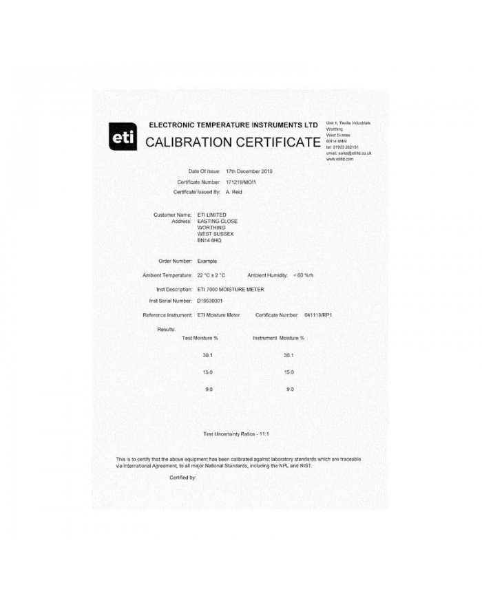 3 Point - Traceable Moisture Meter Certificate