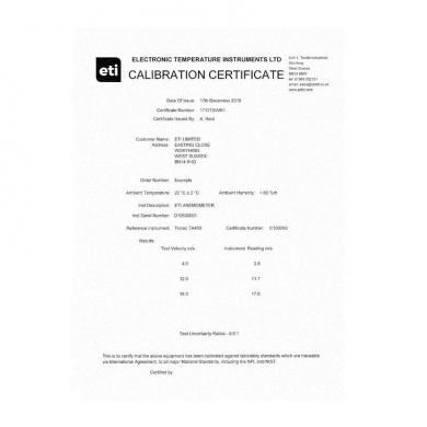 3 point traceable anemometer certificate