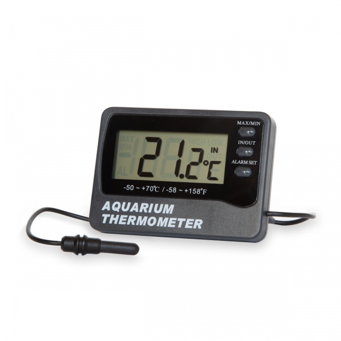 Aquarium thermometer with in fish tank and room sensors