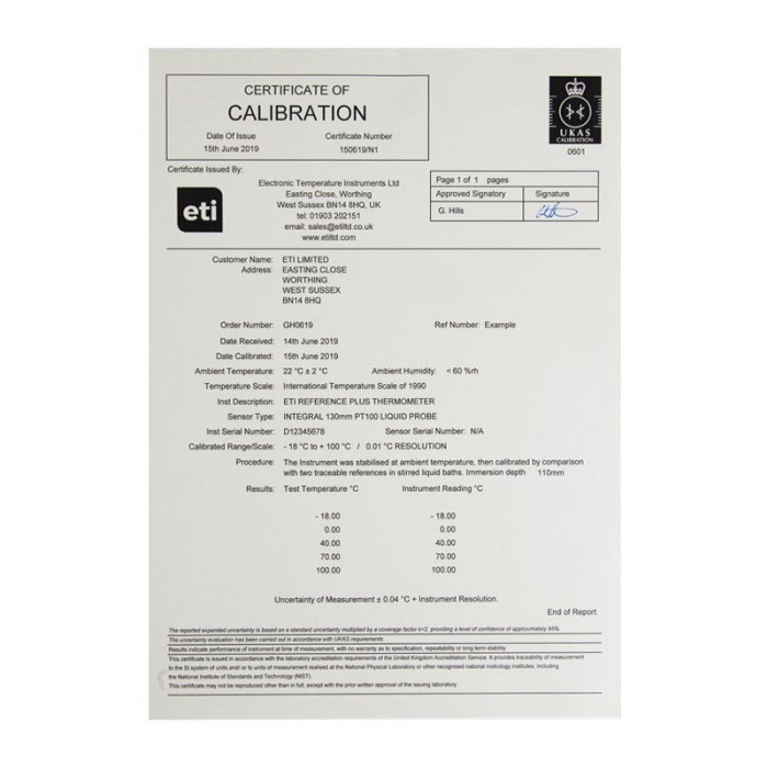 UKAS 5 point certificate instrument & probe (-18, 0, +40, +70, +100°C)
