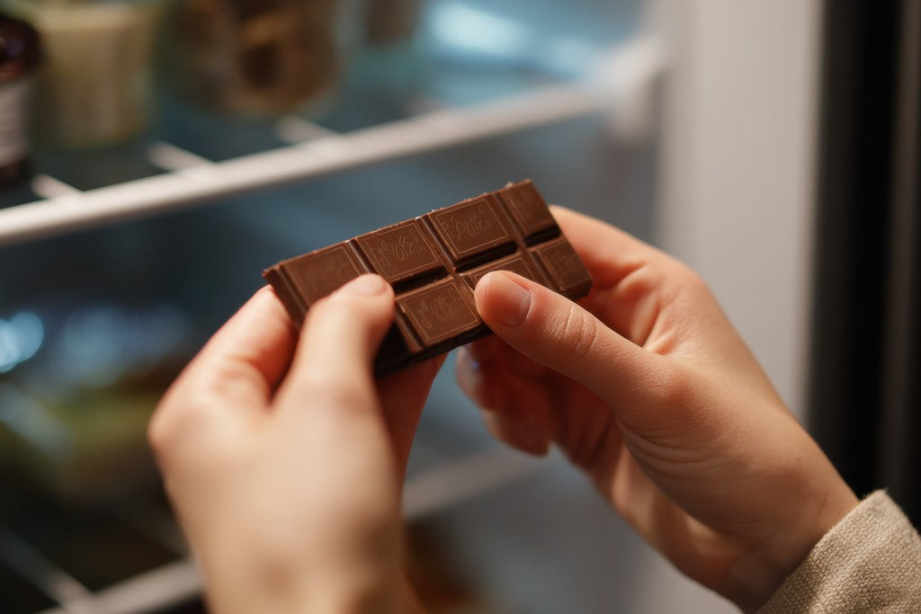 A person holding a bar of chocolate in front of a fridge