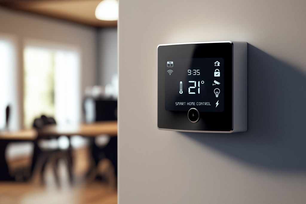 A smart thermostat displaying the room temperature