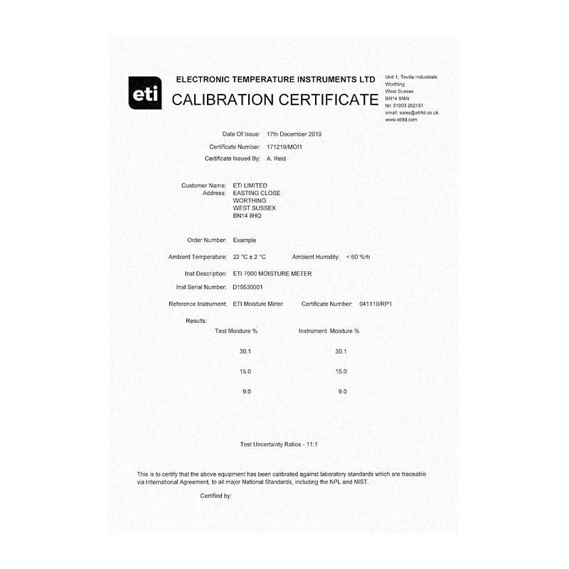 3 Point - Traceable Moisture Meter Certificate