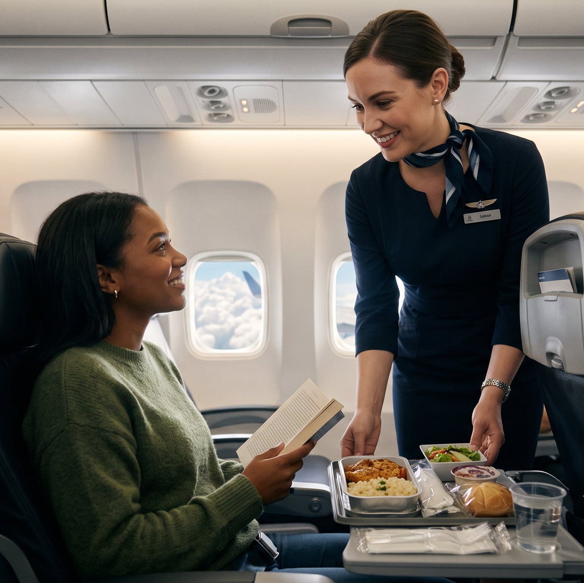 Flight attendant serving meal on a flight