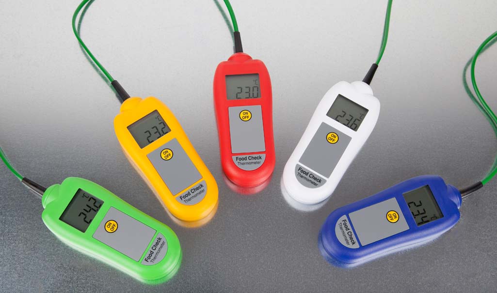 Five Food Check thermometers in different colours