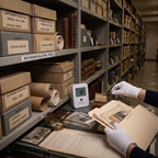 A person wearing white gloves handles vintage paper documents on a worktable in a library or archive with a NODE placed on the side to monitor humidity and temperature