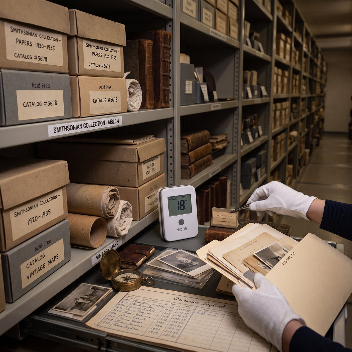 A person wearing white gloves handles vintage paper documents on a worktable in a library or archive with a NODE placed on the side to monitor humidity and temperature