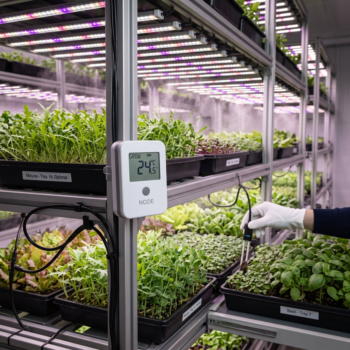 A white NODE smart thermometer and humidity logger on a metal shelf, showing a temperature reading of 24.6 in a seed growing setting