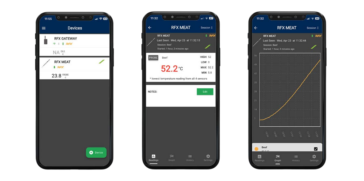 Three smartphone screens displaying an app interface with temperature readings and graphs.
