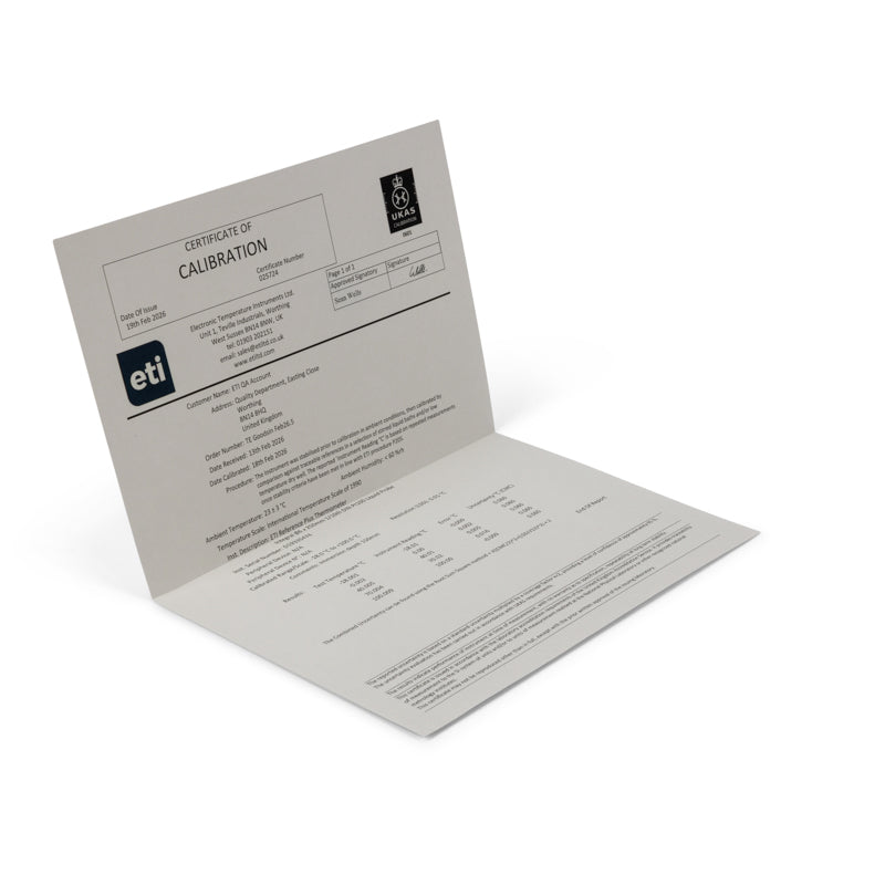 UKAS Certificate of Calibration from ETI on a white background