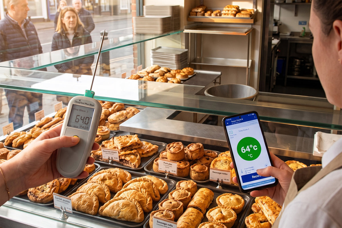 A person in a bakery holding a TempTest plus blue thermometer pointing at pastries in a glass display case while holding a smartphone showing a temperature reading of 64 ºC. 