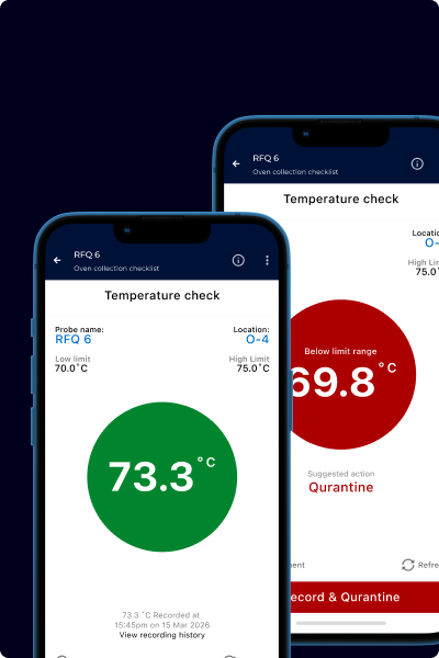 Two smartphones displaying temperature check app interfaces with green and red indicators.