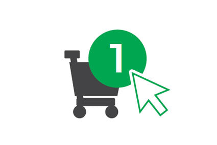 Shopping cart icon with a green circle and number one, indicating one item in the cart, on a white background.