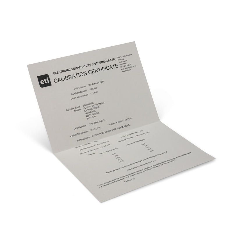 Traceable calibration certificate from Electronic Temperature Instruments Ltd on a white background