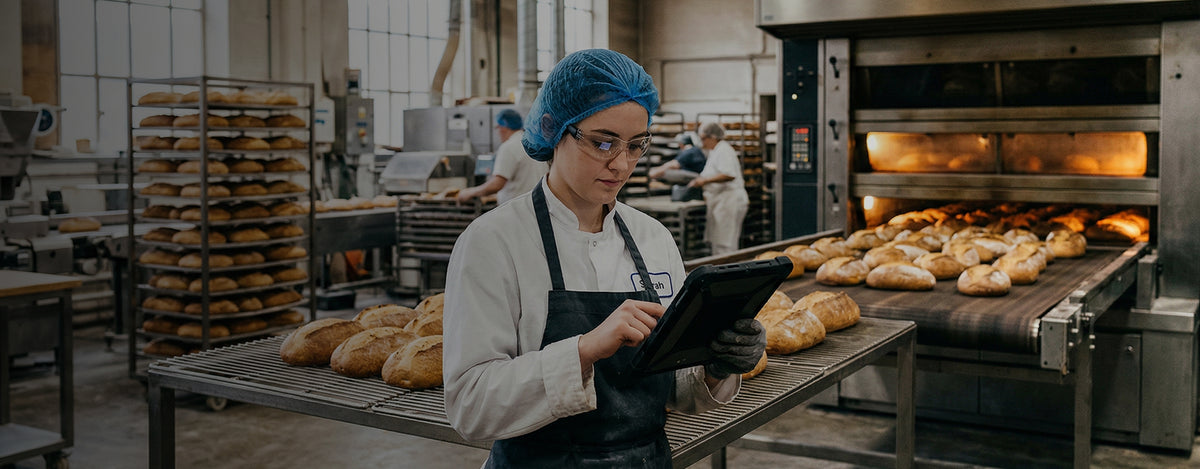 Baker using a tablet in a bakery with bread and an oven in the background