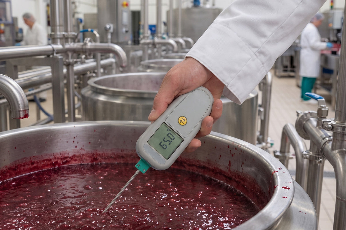 A person in a white coat uses a TempTest plus Blue to measure the temperature of a dark red berry mixture in a large stainless steel vat inside a fermentation or brewing facility.