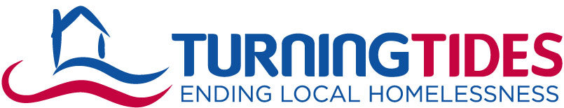 Logo of 'Turning Tides' with a house and wavy line design, color scheme of blue, red, and white.