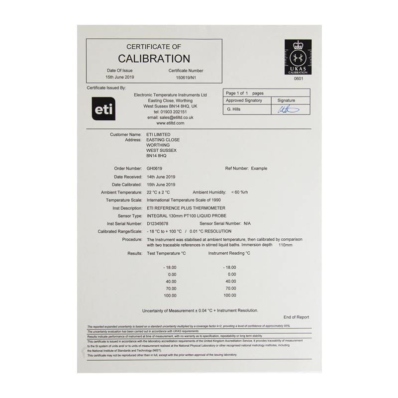 UKAS 3 Point - Internal Sensor Logger Certificate (-18, 0, +40°C)