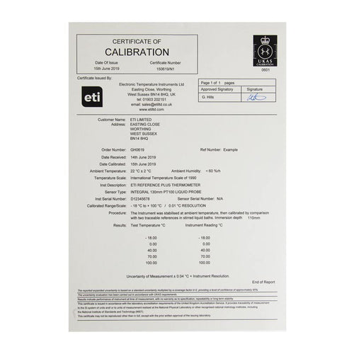 UKAS 5 point -instrument & probe (-18, 0, +40, +70, +100°C) *Probe required for calibration