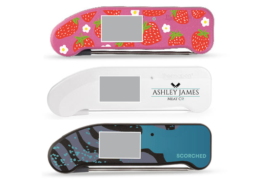 examples of custom design Thermapen ONE cases with strawberries, Ashley James logo and Scorched by Genevieve Taylor