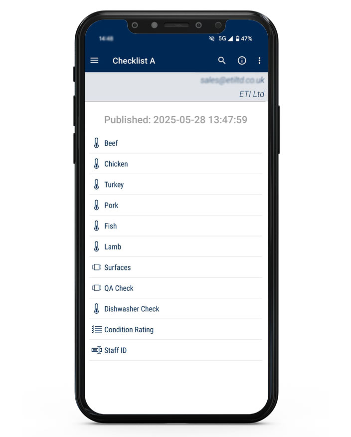 Mobile screen image of a checklist on the ThermaData Hub app