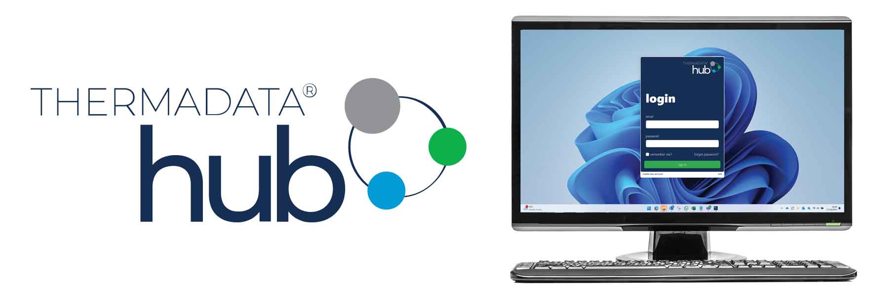 ThermaData Hub Software logo and PC monitor with a keyboard with ThermaData Hub log in screen open