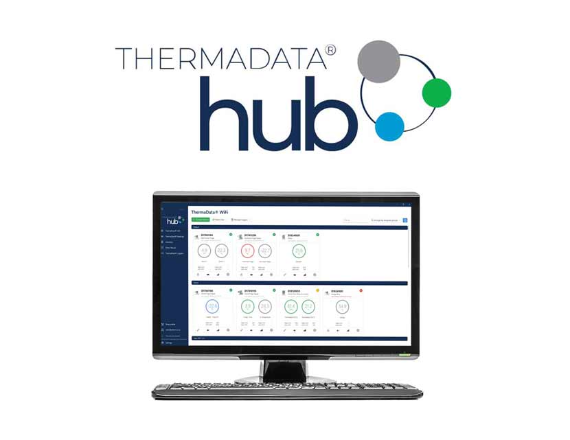 ETI's ThermaData Hub HACCP software readings view real-time temperature readings and alerts on a large computer screen with Hub logo above the PC.