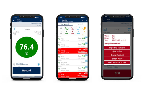 Three screens of ThermaData Hub App in use